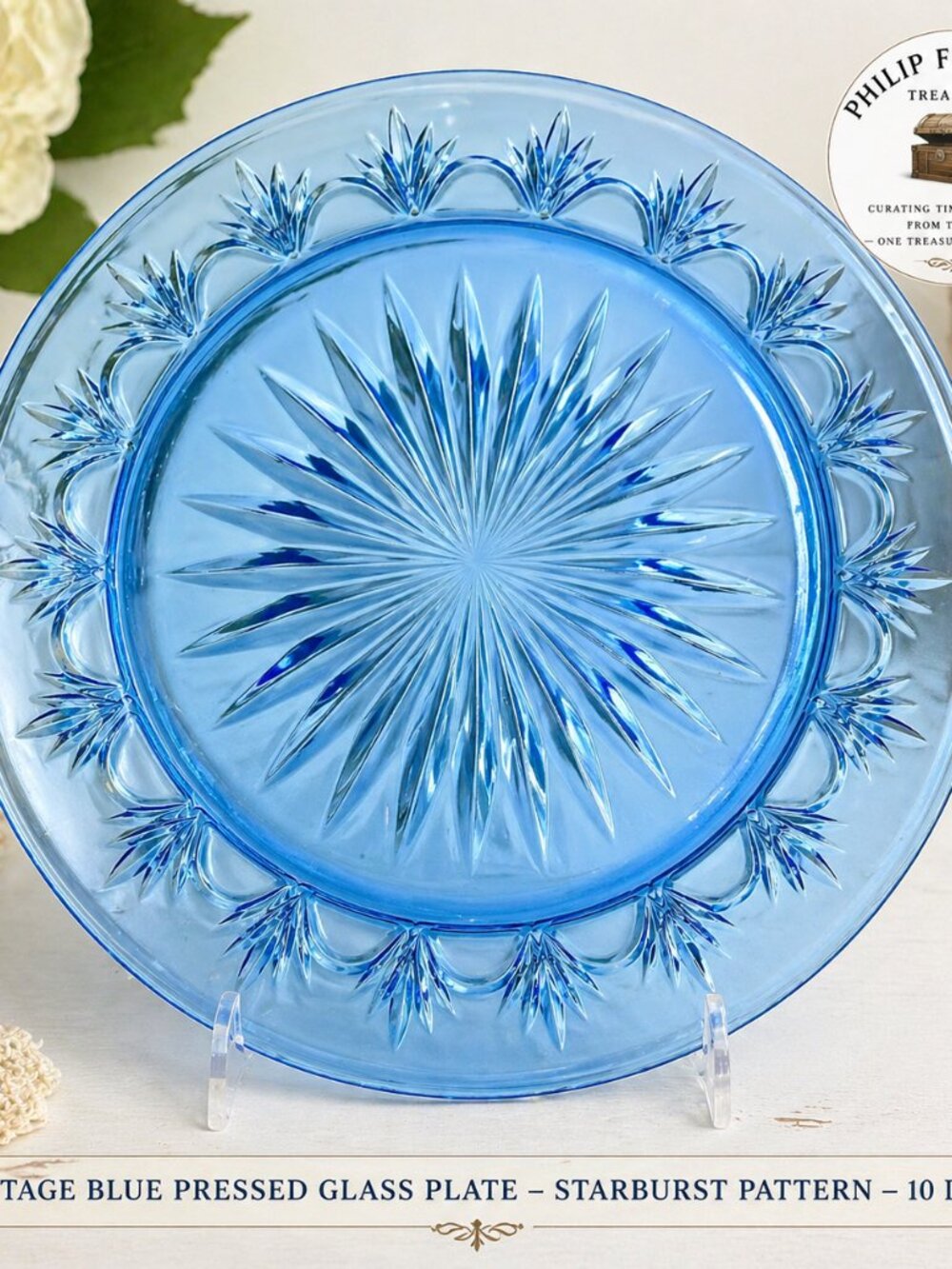 DP-05-Vintage Blue Glass Plate Starburst Pattern Retro Table Decor Collectible S - Picture 2 of 10